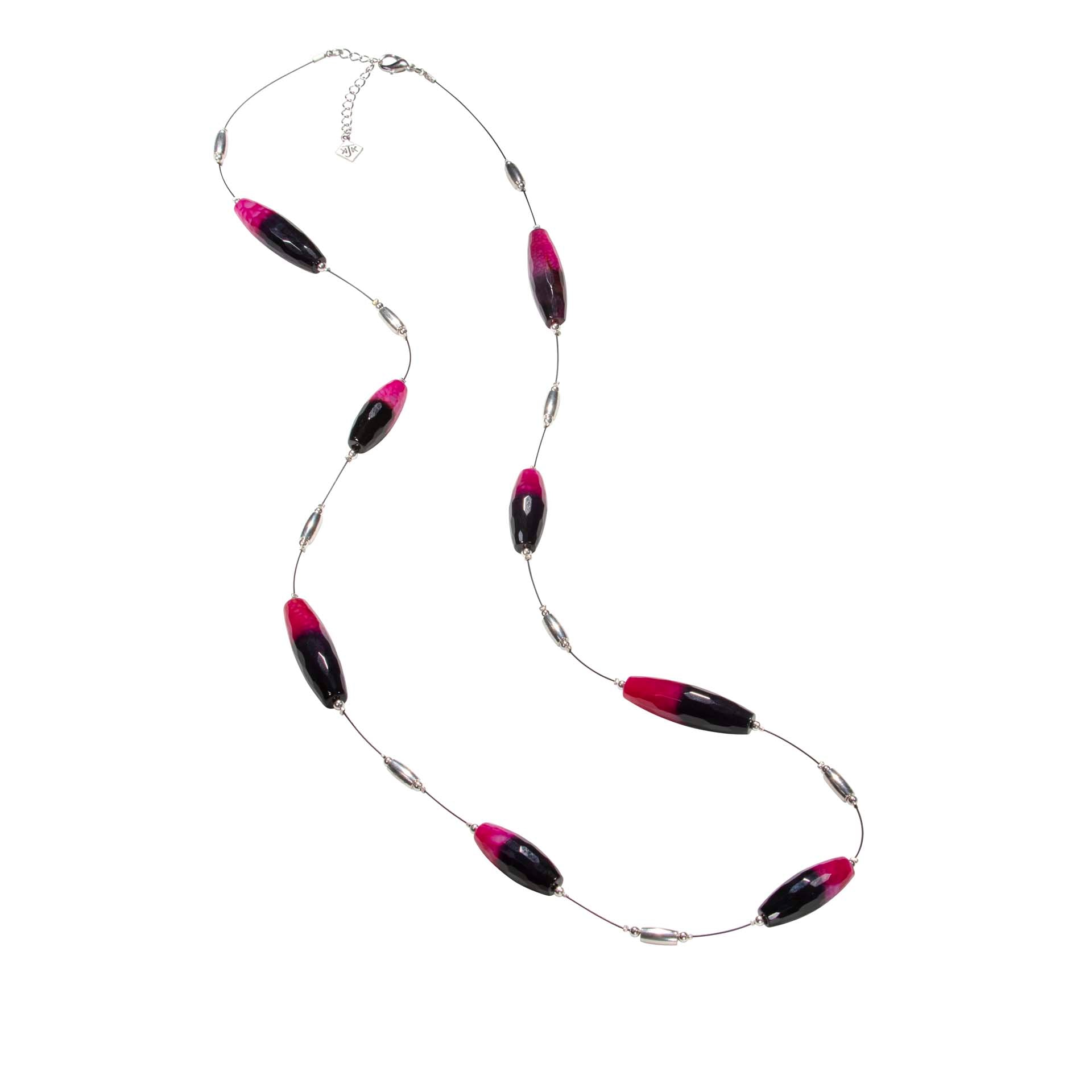 Pink & Black Banded Agate With Silver On Long Black Cord Necklace