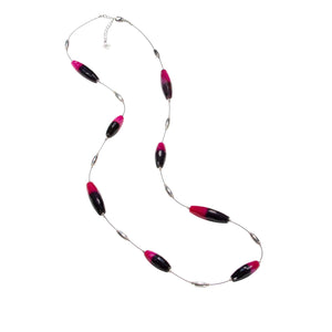 Pink & Black Banded Agate With Silver On Long Black Cord Necklace