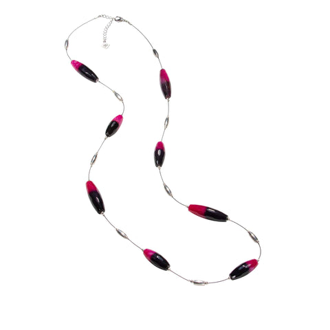 Pink & Black Banded Agate With Silver On Long Black Cord Necklace