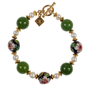 Black Flower Cloisonne, Jade And Cultured Pearl  Bracelet