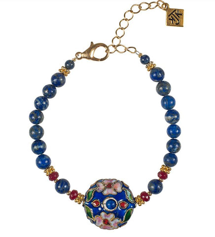 Floral Cloisonne Ring With Lapis & Ruby Jade Rondelle Bracelet