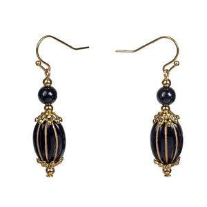 Gold Ribbed Black Glass With Fancy Caps Earring