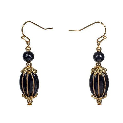 Gold Ribbed Black Glass With Fancy Caps Earring