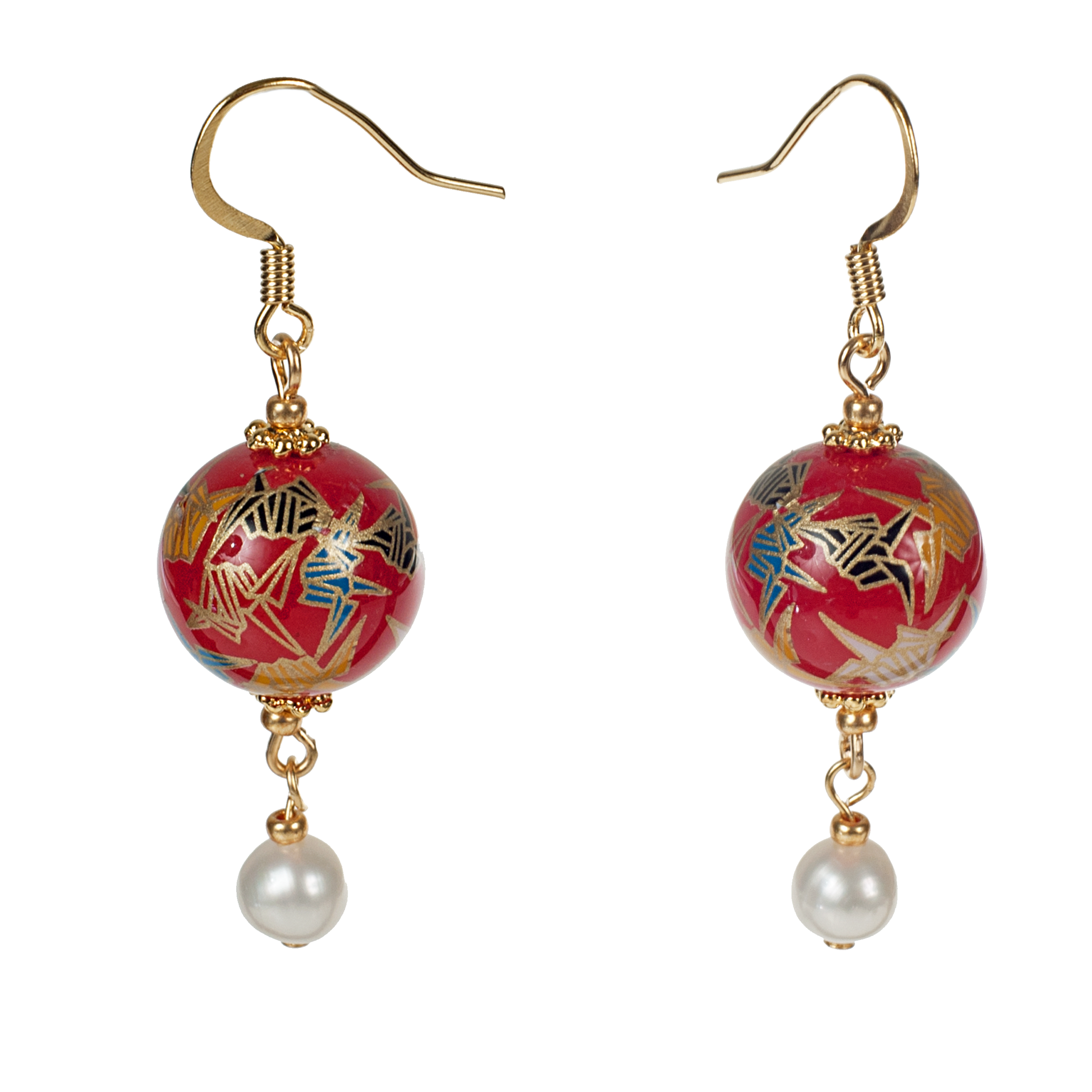 Japanese Tensha Red Crane & Cultured Pearl Drop Earring