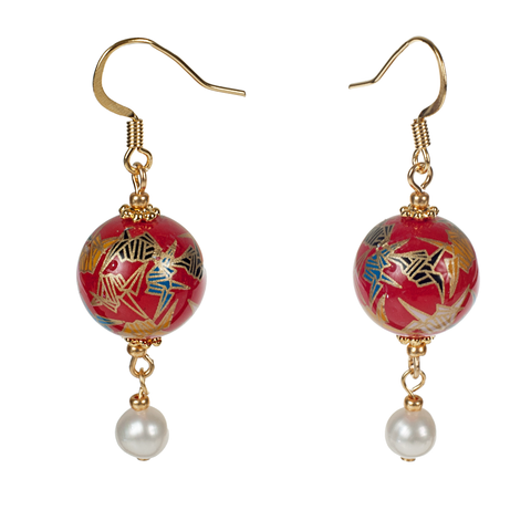 Japanese Tensha Red Crane & Cultured Pearl Drop Earring