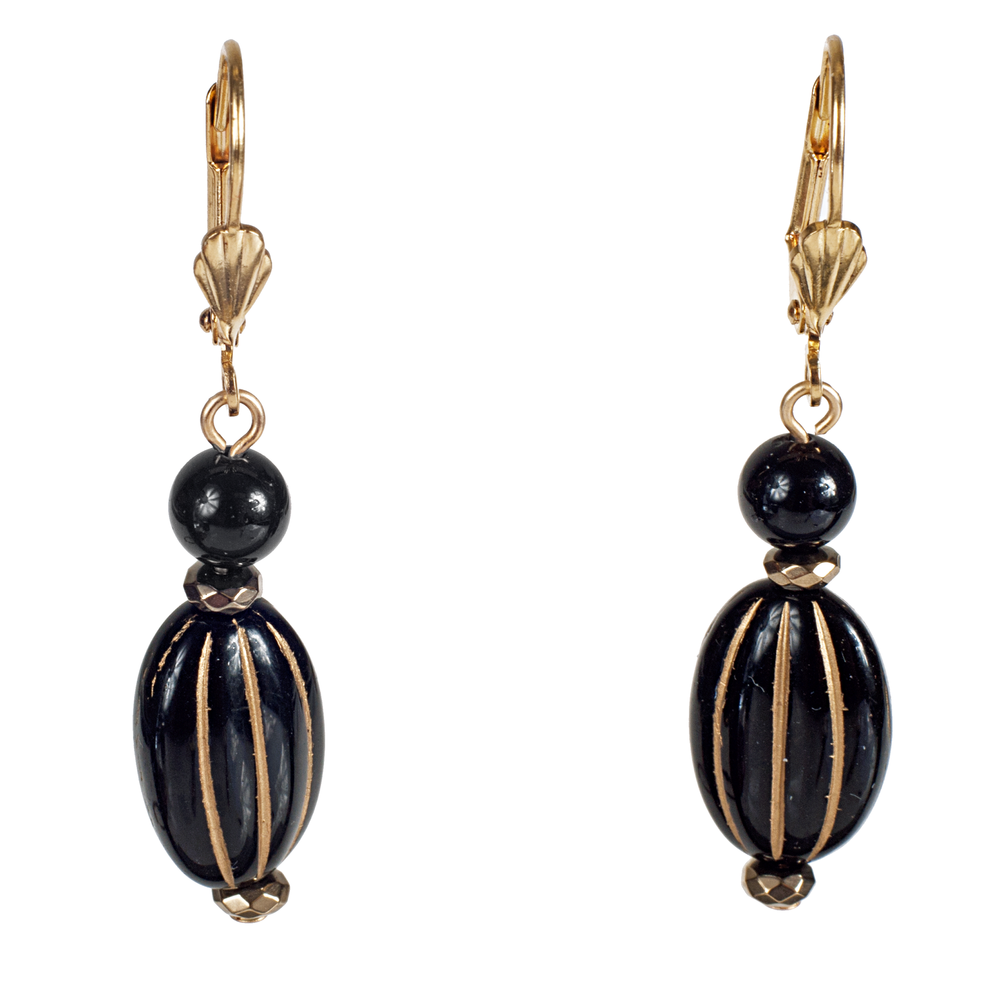 Gold Ribbed Black Glass With Onyx Earring