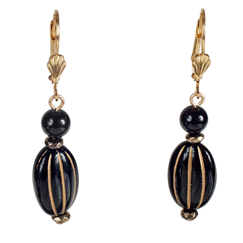 Gold Ribbed Black Glass With Onyx Earring