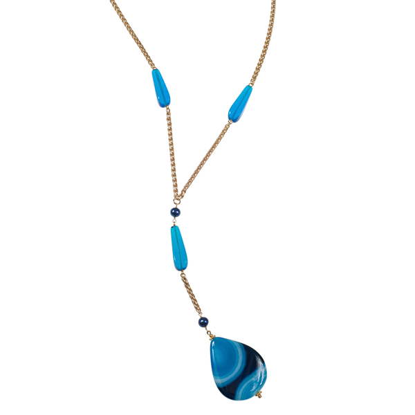 Long Blue Banded Agate Pendant On Wheat Chain - KJKStyle