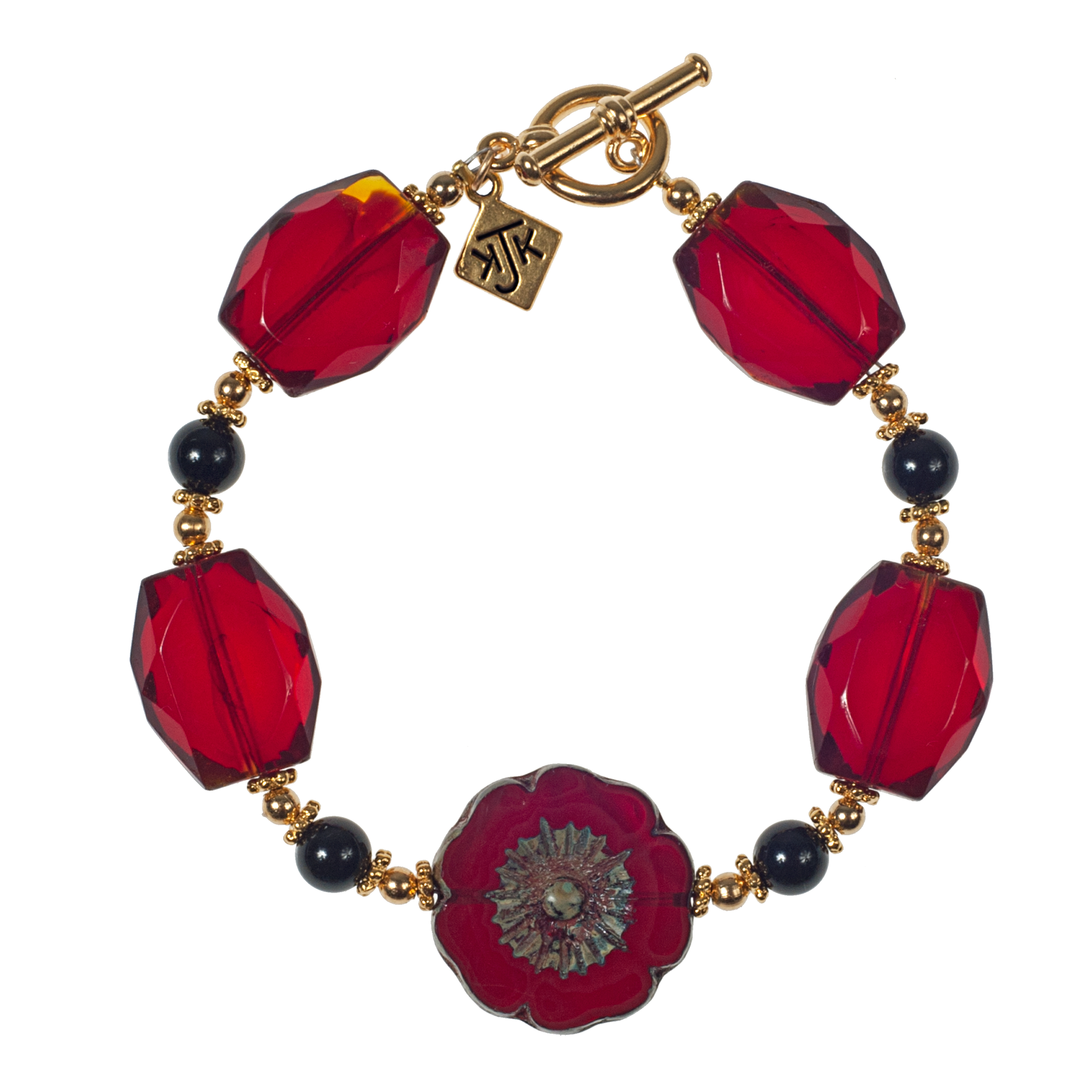 Red Bohemian Glass Flowers, Onyx & Faceted Glass Bracelet With Gold Accents
