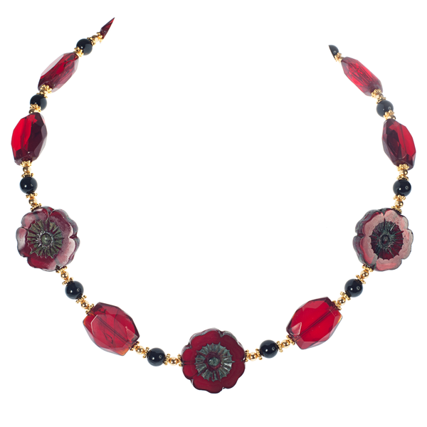 Red Bohemian Glass Flowers, Onyx & Faceted Glass Necklace With Gold Accents