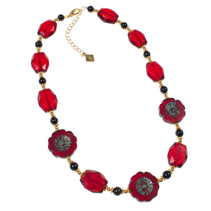 Red Bohemian Glass Flowers, Onyx & Faceted Glass Necklace With Gold Accents