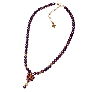 Plum Enamel Cherry Blossom & Cultured Pearl Necklace - KJKStyle