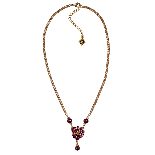 Burgundy Enameled Cherry Blossom On Chain Necklace