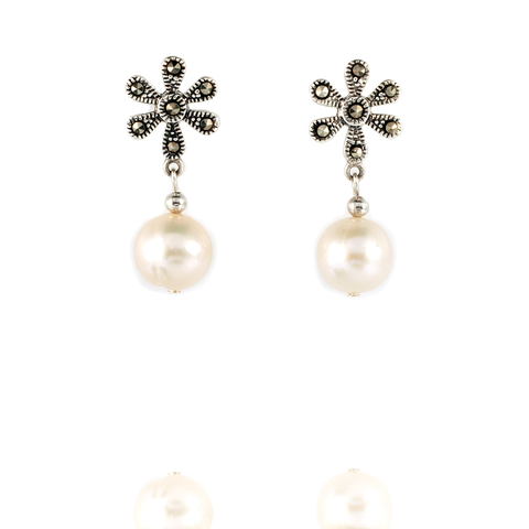 Sterling Silver and Marcasite with Cultured Pearl Post Earring - KJKStyle