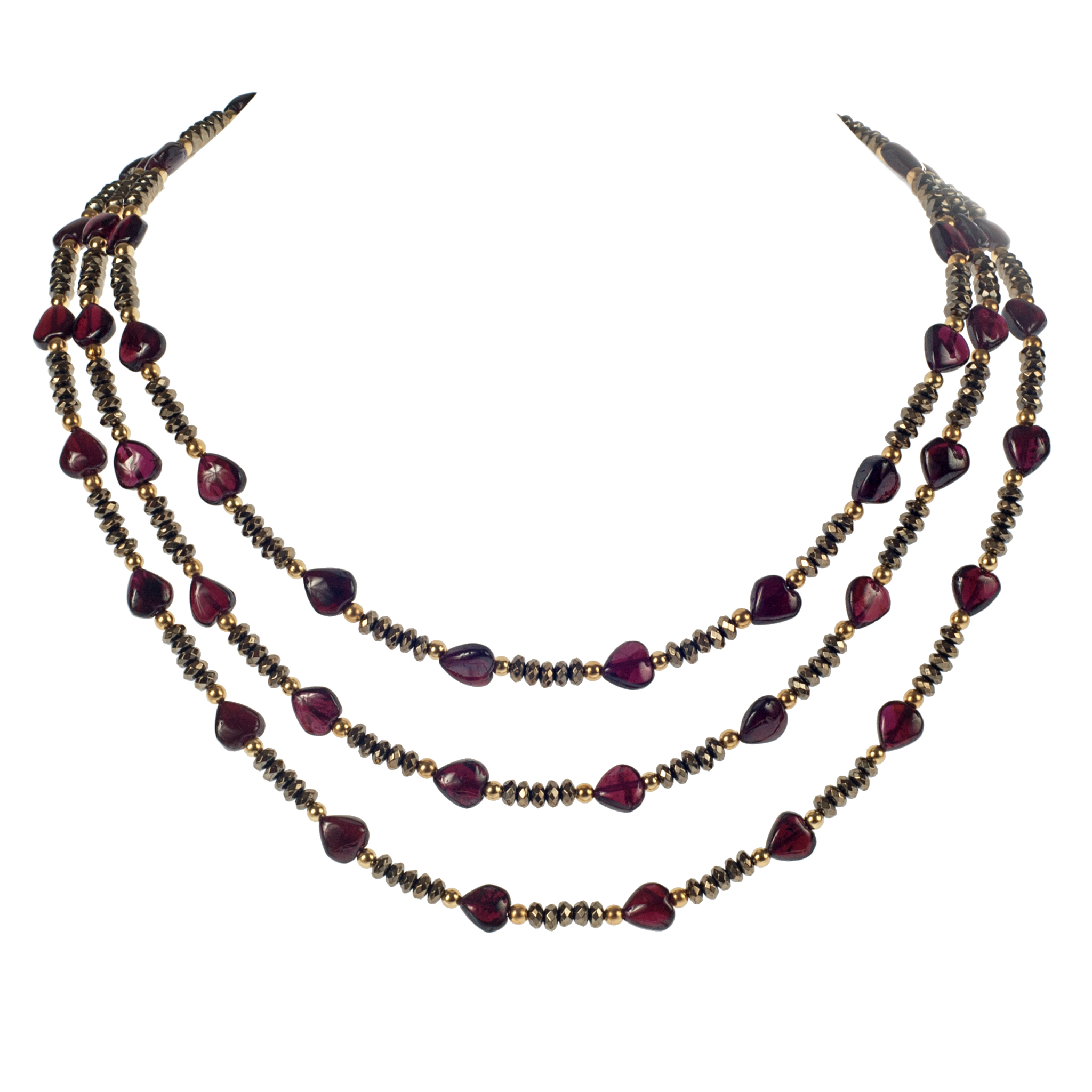 Three Strand Garnet Heart Necklace - KJKStyle