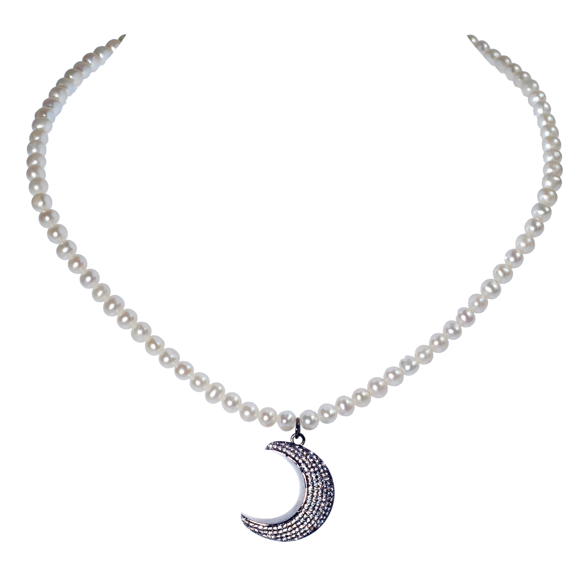 Pavé Crystal Moon Pendant on White Cultured Pearl Necklace - KJKStyle