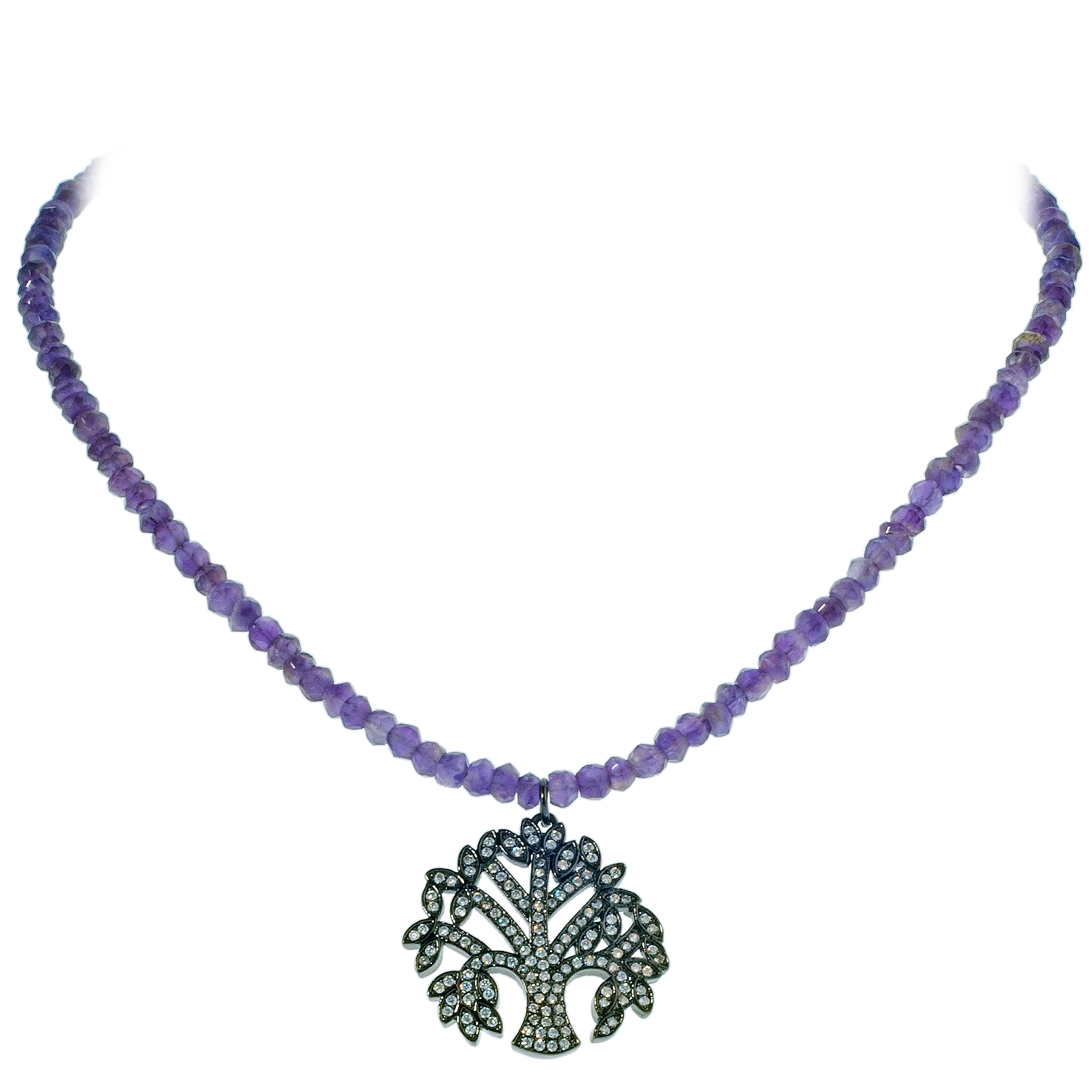 Pavé Crystal Tree of Life Pendant on Faceted Amethyst Necklace - KJKStyle
