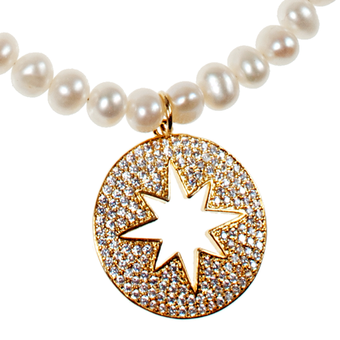 White Cultured Pearl & Gold Moon Pavé Pendant - KJKStyle