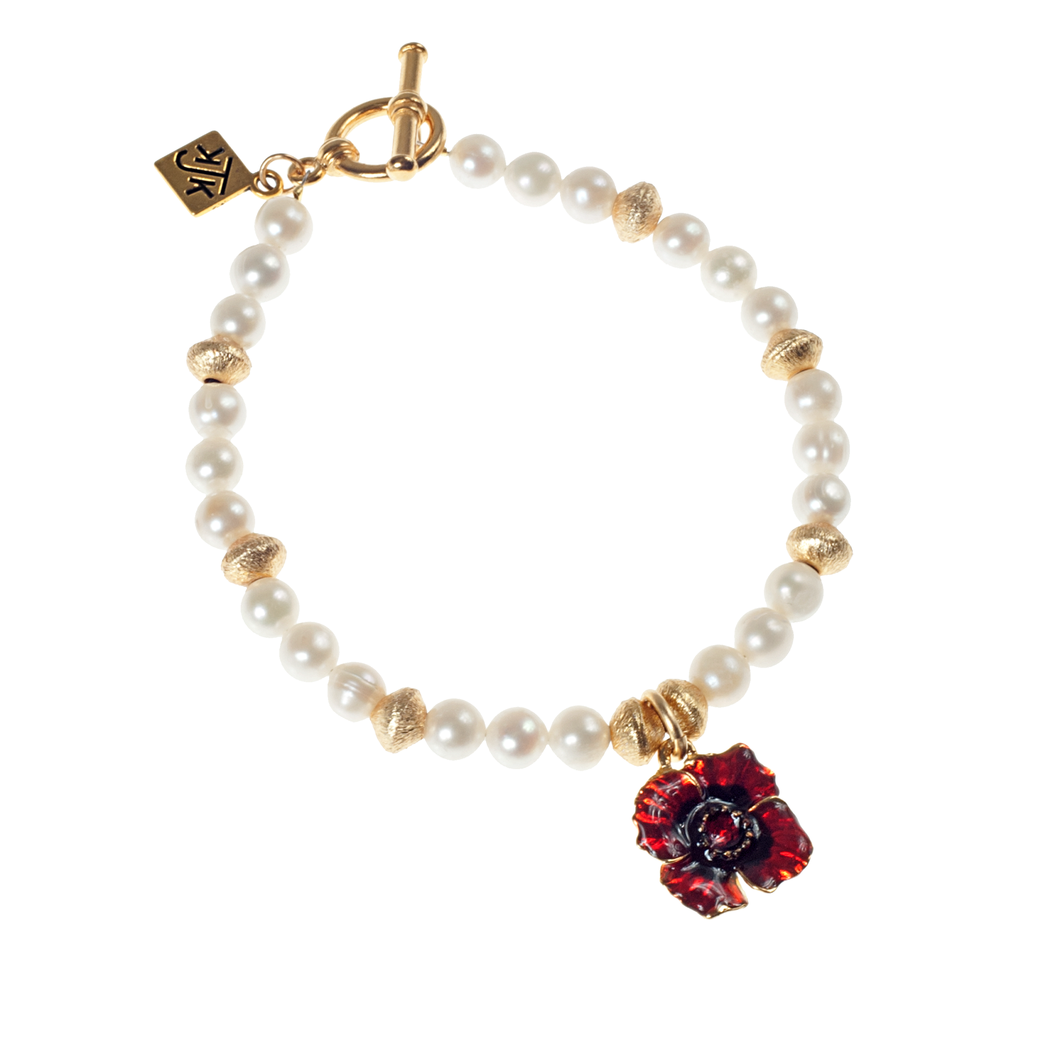 Red Enamel Poppy, Brushed Gold & Cultured Pearl Bracelet - KJKStyle