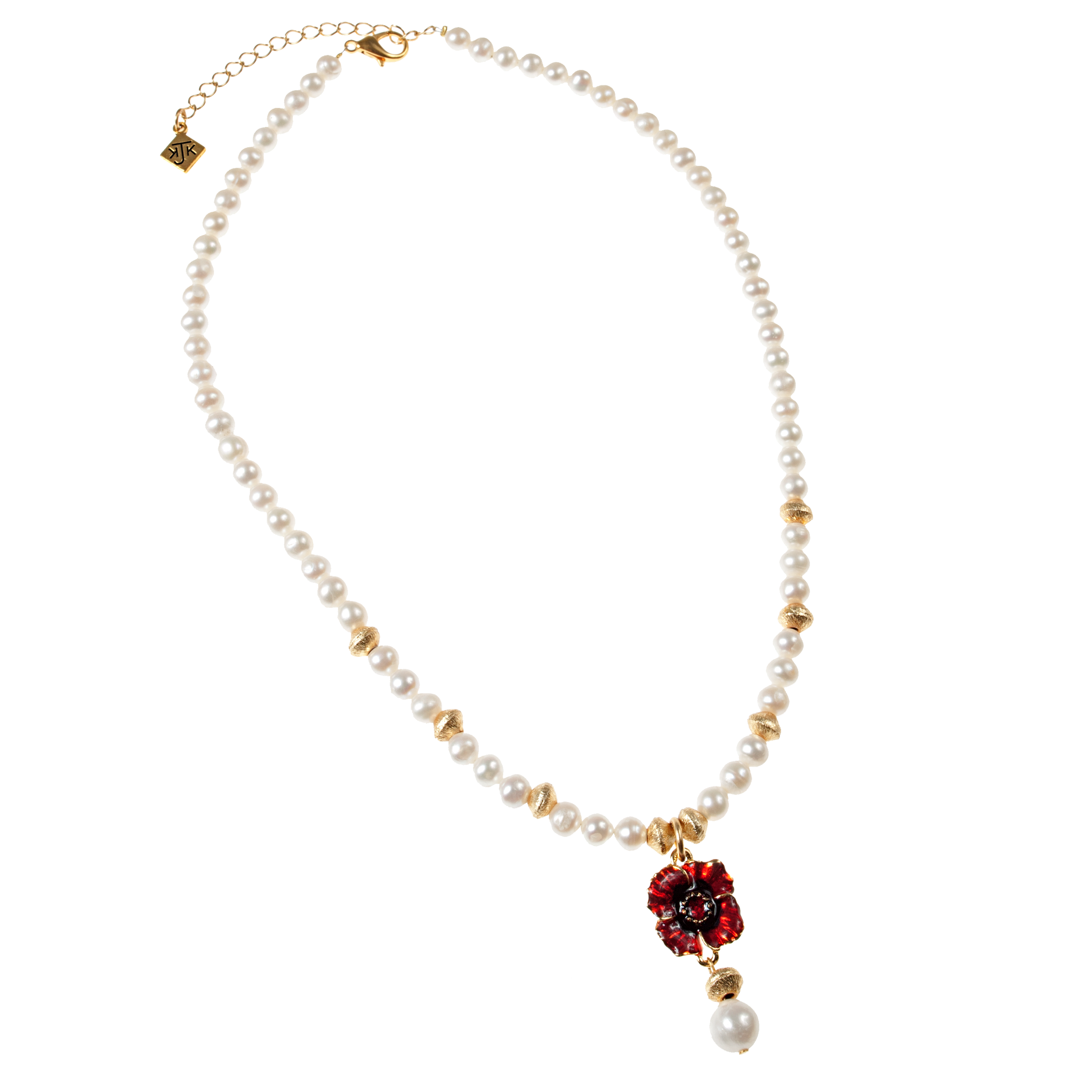 Red Enamel Poppy, Brushed Gold & Cultured Pearl Necklace - KJKStyle