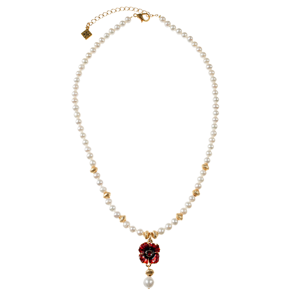 Red Enamel Poppy, Brushed Gold & Cultured Pearl Necklace - KJKStyle