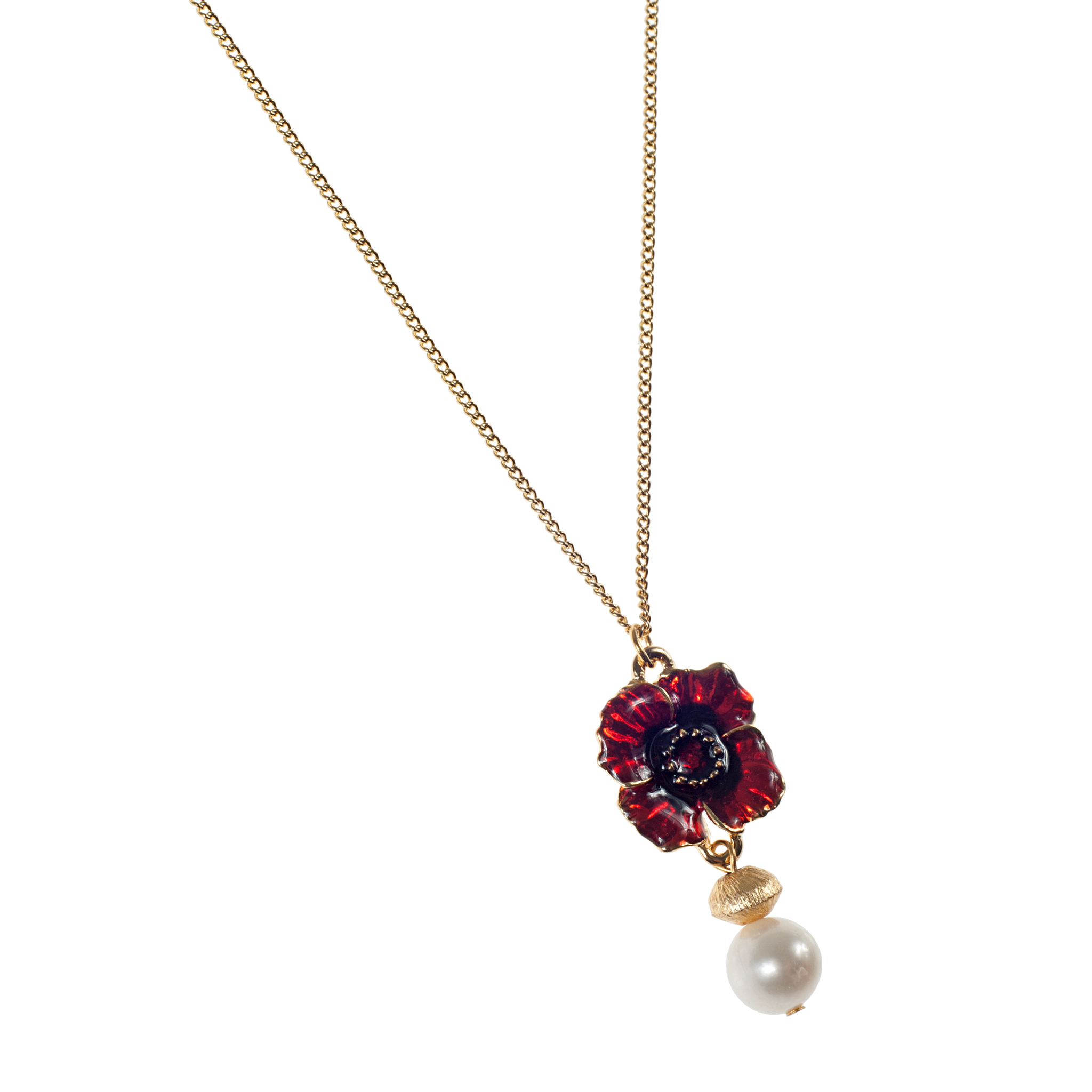 Red Enamel Poppy, Brushed Gold & Cultured Pearl Chain Necklace - KJKStyle