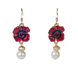 Red Enamel Poppy, Brushed Gold & Cultured Pearl Earrring - KJKStyle