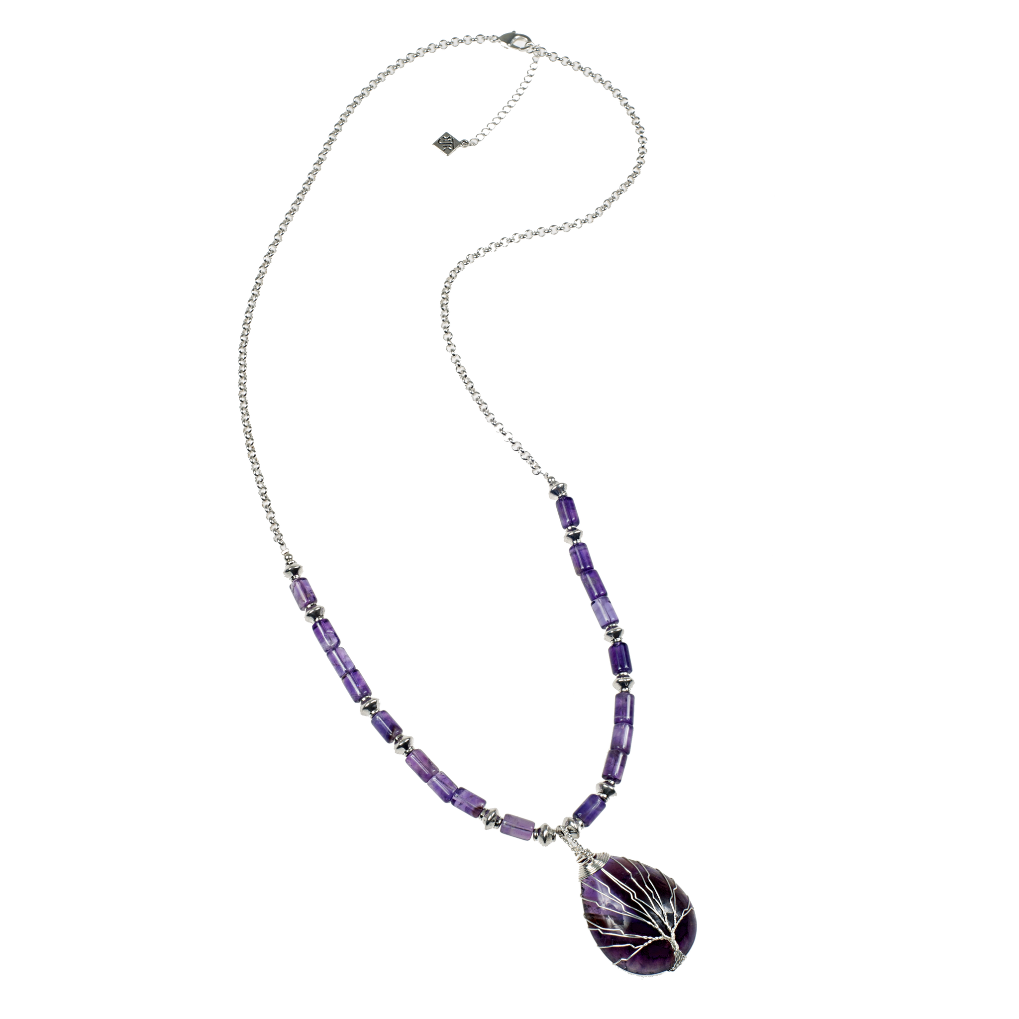 Silver-Wrapped Amethyst Tree Of Life Long Necklace - KJKStyle