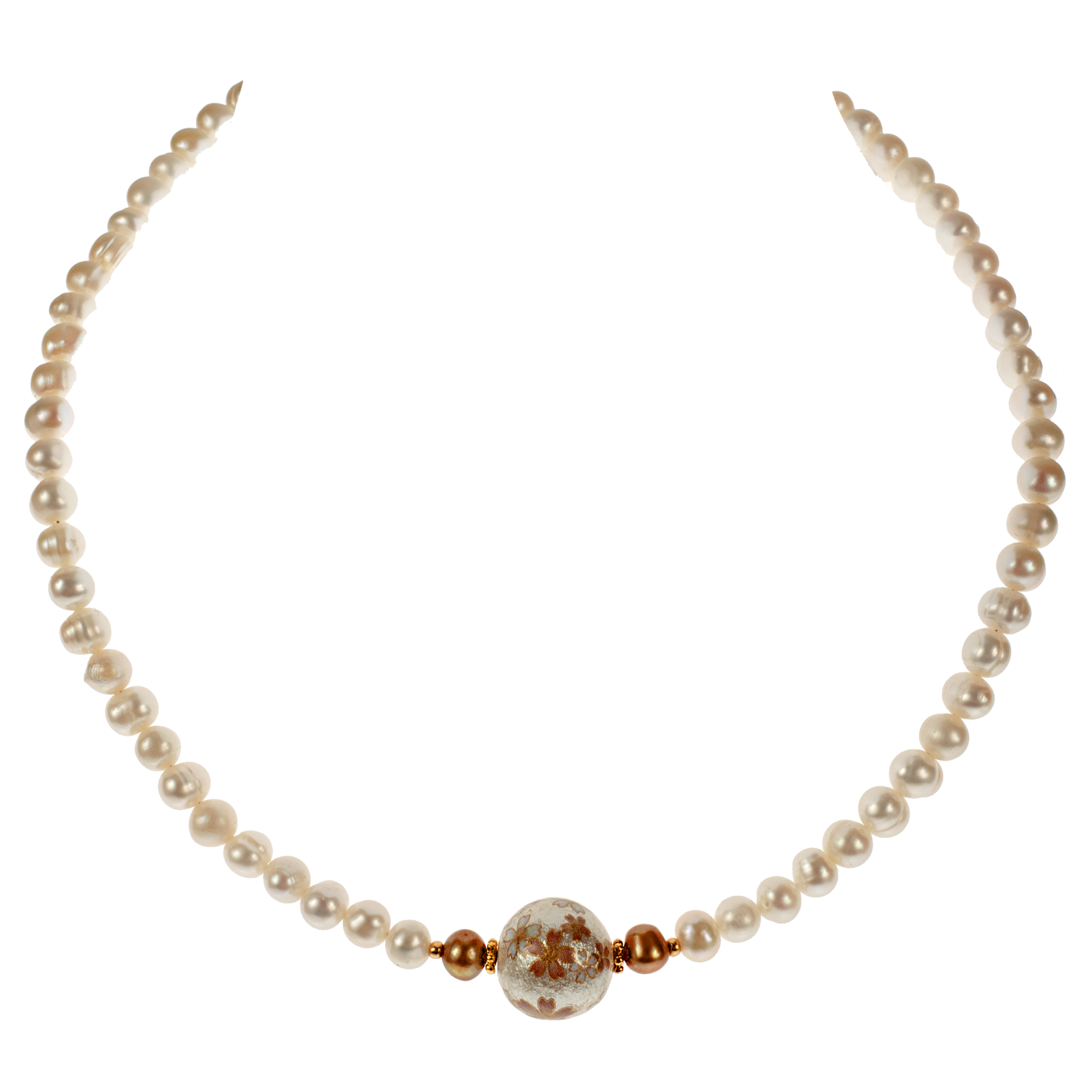 Japanese Cream Floral Tensha & Cultured Pearl Necklace