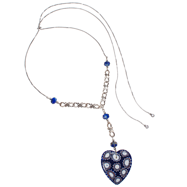 Blue Murano Millefiori Glass Heart Adjustable Necklace - KJKStyle